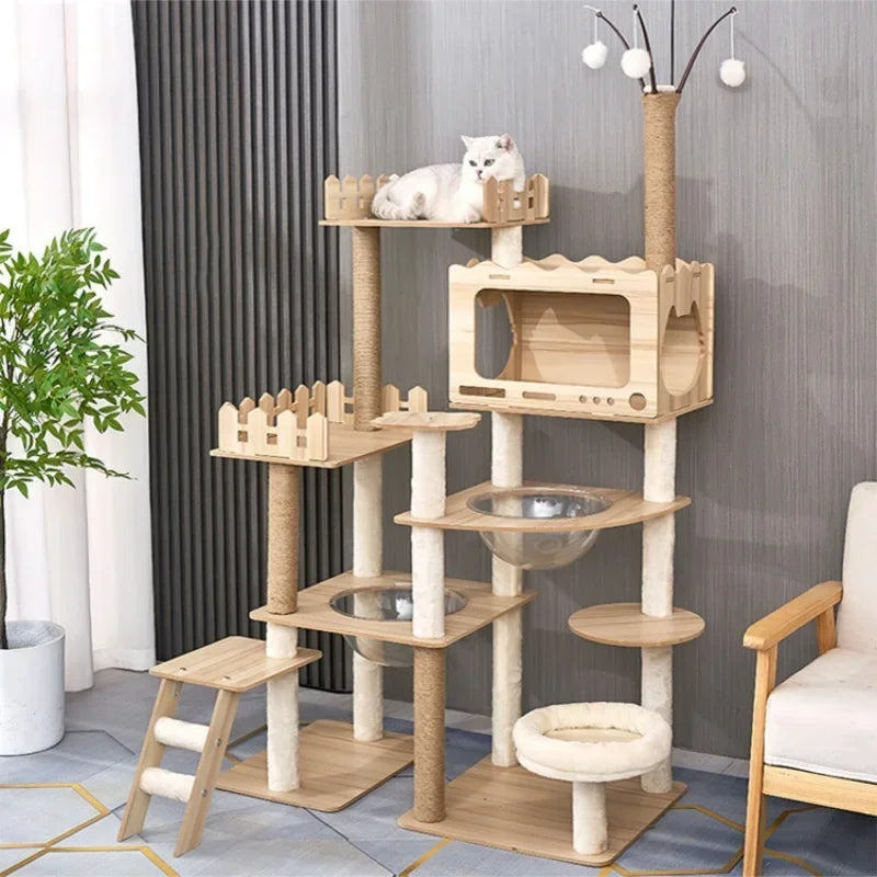 Grand arbre à chat en bois multi-niveaux